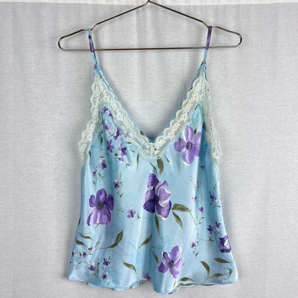 Vintage 90s Cami Top Blue Floral Lace Trim Satin Fairy Romantic Whimsy Delicate